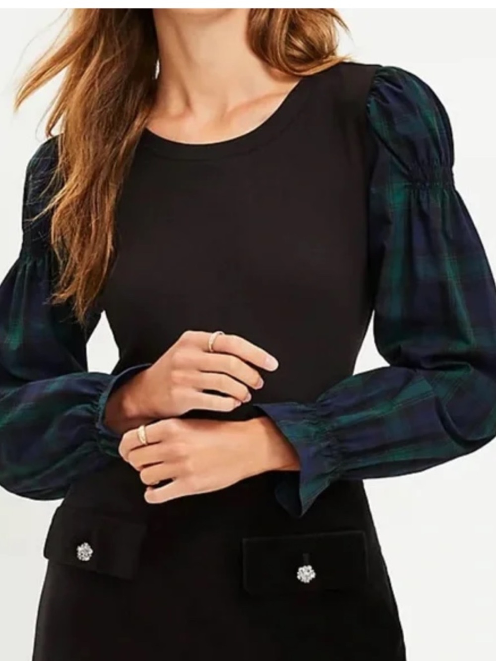 LOFT mixed Media Black plaid Long-Sleeve Puff Shoulder Top Sz‎ M